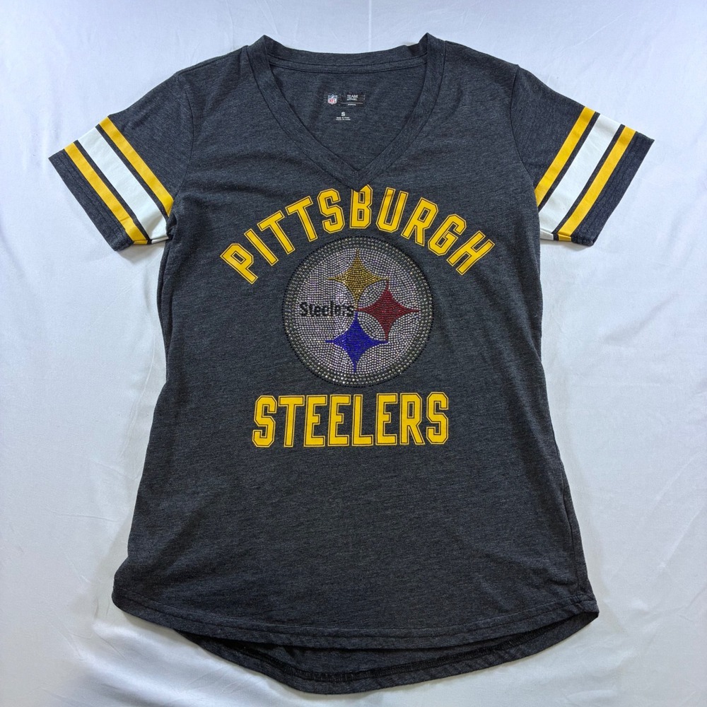 NFL Team Apparel Pittsburgh Steelers Rhinestone V-Neck T-Shirt Gray Womens Small
